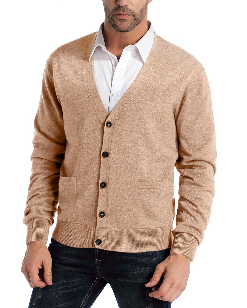 Kallspin Men's Cardigan Sweaters Wool Blend V Neck Button Down Sweaters with Pockets(Coffee, X-Large) - Image 1